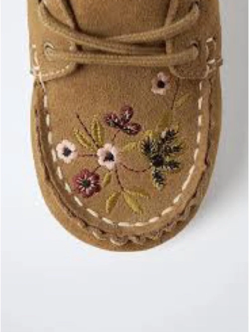 Zara Kids Tan Suede leather loafers Moccasins with Floral Embroidery